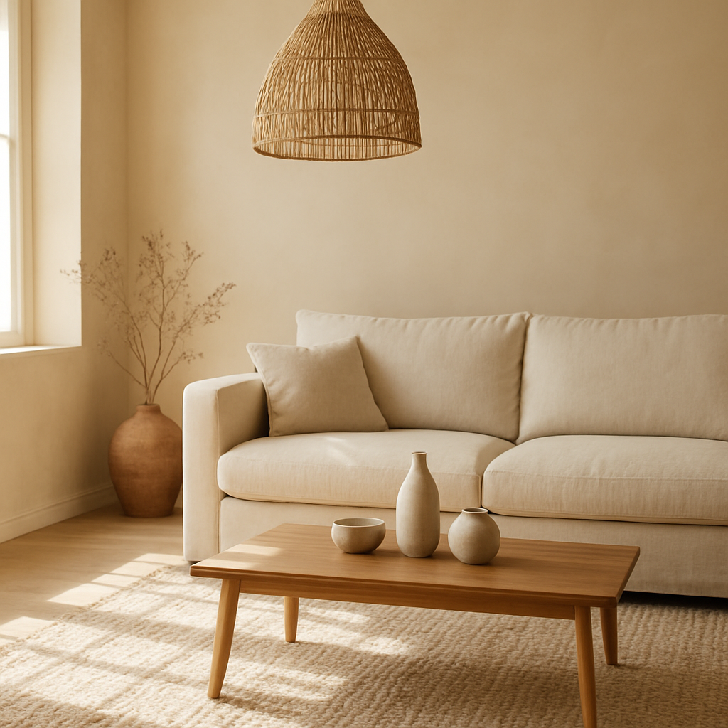 A sunlit living room styled with natural home decor